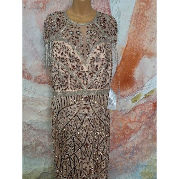 Mac Duggal Embellished Fringe Cap Sleeve Trumpet Gown In Platinum - Picture 5 of 10